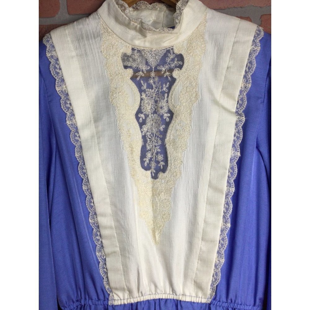 Vintage Joan Sparks for Daniel Barrett Midi Lace Dress Puff Sleeve Blue Size 10 - Picture 2 of 12